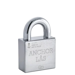 Heavy-duty stainless steel padlock with engraved "Anchor Lås" text, secure and durable lock suitable for high-security applications. Ideal for commercial and industrial use.
