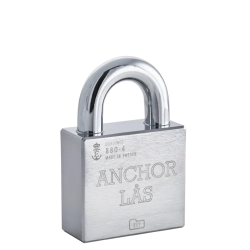 Heavy-duty stainless steel padlock with engraved "Anchor Lås" text, secure and durable lock suitable for high-security applications. Ideal for commercial and industrial use.